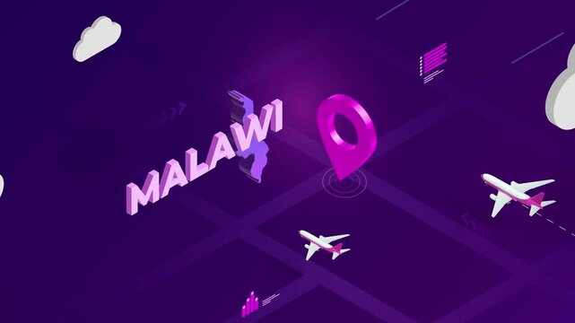 Isometric Design, Malawi Map Silhouette Location Pin and Airplanes on Purple Animation, Travel Background