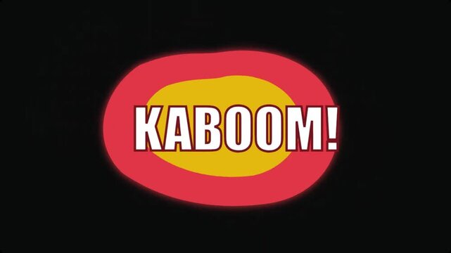 Kaboom explosion effect with red and yellow colors on black background motion graphic.