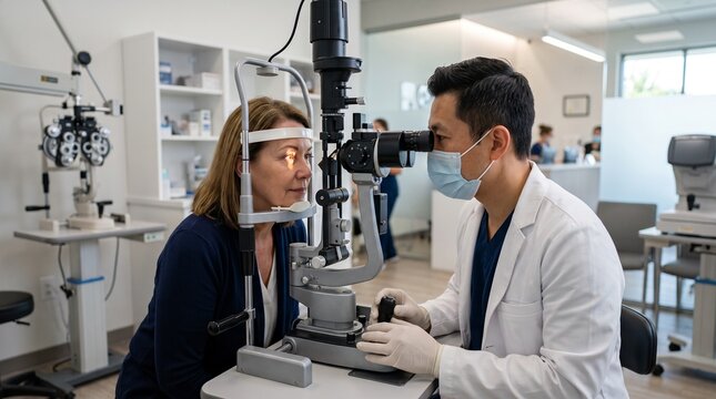 Ophthalmologist performing an eye exam using ophthalmic equipment, patient positioned correctly at the device, modern consulting room, controlled clinical lighting.