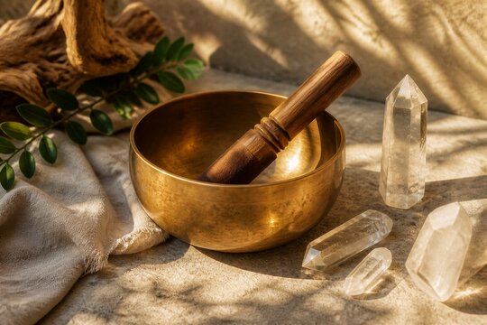Singing bowl with mallet and crystals on textured cloth