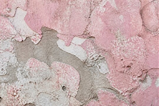 Peeling pink plaster revealing rough concrete wall texture