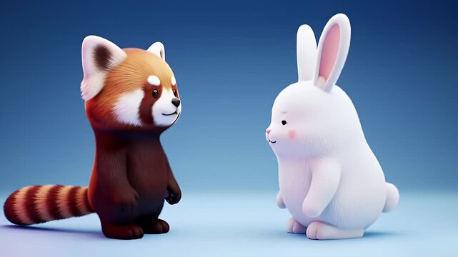 A cute 3D rendered red panda and a white bunny stand facing each other.