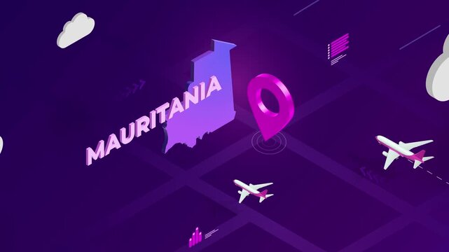 Isometric Design, Mauritania Map Silhouette Location Pin and Airplanes on Purple Animation, Travel Background