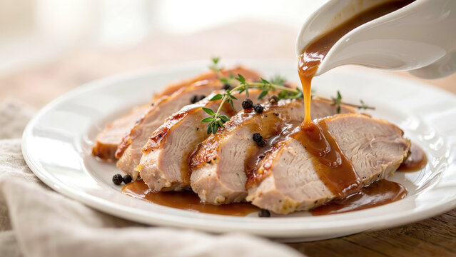 Rich savory gravy pouring over sliced roasted chicken breast served on white ceramic plate with thyme whole peppercorns displays savory brown