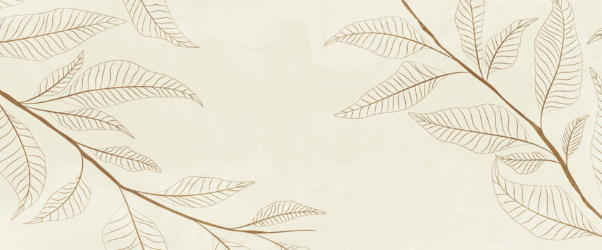 Luxury art background featuring hand-drawn leaves on branches with line elements. Botanical banner for decor, prints, wallpaper, packaging, and interior design.