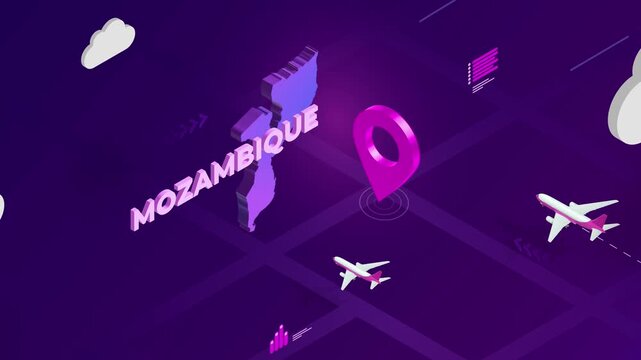 Isometric Design, Mozambique Map Silhouette Location Pin and Airplanes on Purple Animation, Travel Background