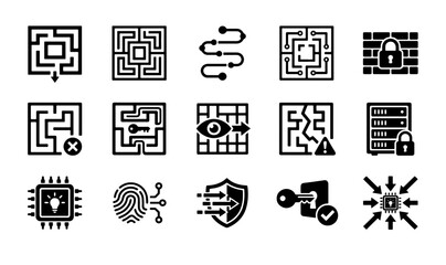 Fototapeta premium Cybersecurity and data protection icons, 15 black vector maze and encryption symbols, network security and digital privacy glyph set