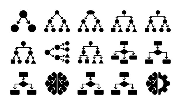 Hierarchical flowchart icons set, 15 black vector organizational chart symbols, business process mapping and data structure diagrams for corporate presentations