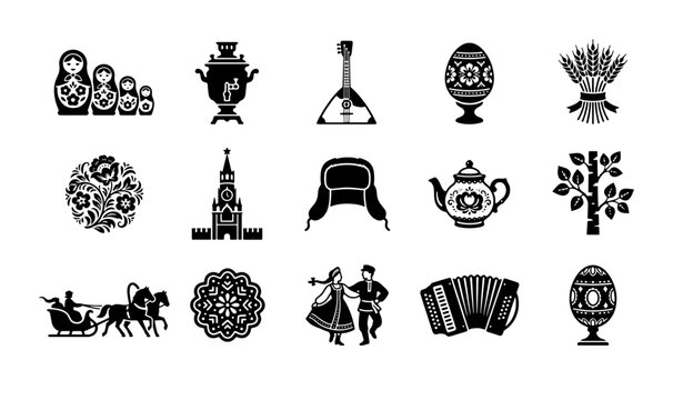 Russian culture icons set, traditional folk symbols collection in black silhouette style, 15 vector elements for travel and heritage design