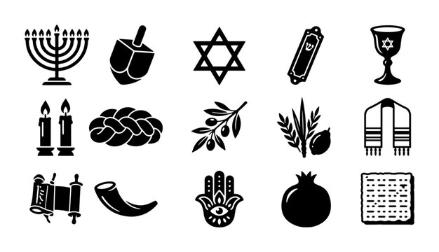 Jewish religious icons set, 15 black silhouette judaism symbols, hanukkah and passover holiday elements, traditional hebrew ritual objects vector