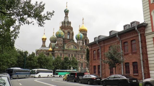 St. Petersburg, Russia - August 4, 2026: A view of the majestic building of the Church of the Resurrection of the Lord (Savior on Spilled Blood) on a cloudy summer day.