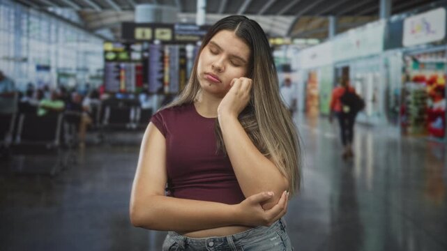 Young woman resting head on hand with elbow crossed, maroon top and jeans, eyes closed while standing in an airport terminal with flight board and chairs visible; travel fatigue.
