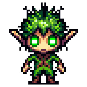 A small pixel art character has green hair and bright eyes. The character is designed with a leafy style and features a simple outfit. This work shows creativity in digital art