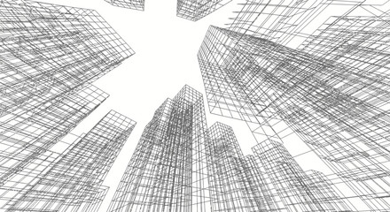 Fototapeta premium abstract architectural wireframe of modern skyscrapers and a towering cityscape seen from below depicting urban development.
