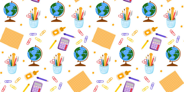 Colorful seamless pattern with globe, notes, calculator, glue, paper clips and pencils. Back to school.