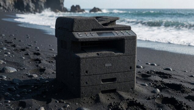 Black electronic device possibly printer sitting rocky beach ocean background appears old weathered pebbles ro
