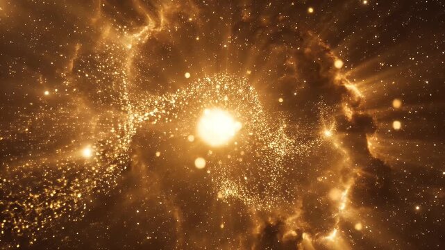 A luminous nebula with swirling golden gas and countless stars.