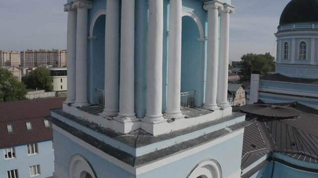 Drone ascending near Epiphany Cathedral bell tower