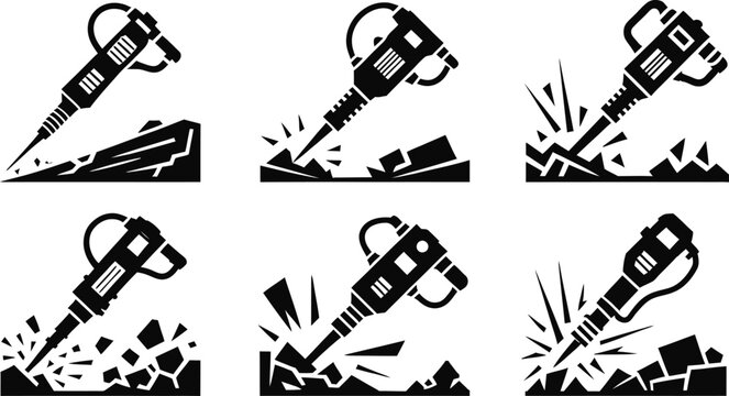 Jackhammer silhouette icons set, pneumatic drill breaking ground vector illustration
