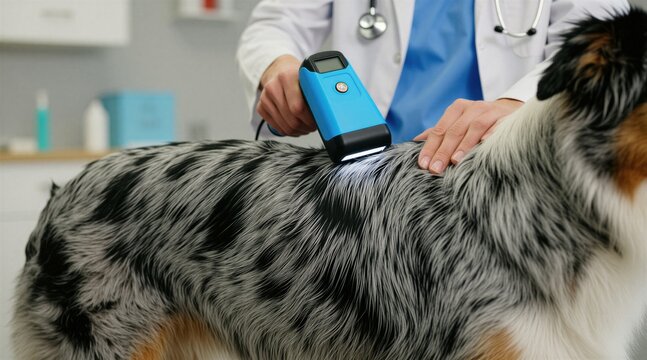 Veterinarian scans Australian Shepherd dog with handheld electronic microchip reader inside medical clinic. Pro animal doctor uses modern digital tech to identify pet. Person checks lost puppy