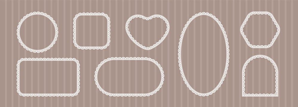 Frame trim with lace scallop edge and oval, circle, square border. Vector with brush doily cute and  vintage label icon. Pattern stamp frame with paper shape lace and trendy arch scallop