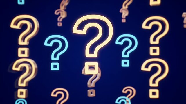 A repeating pattern of glowing question marks on a dark blue background.