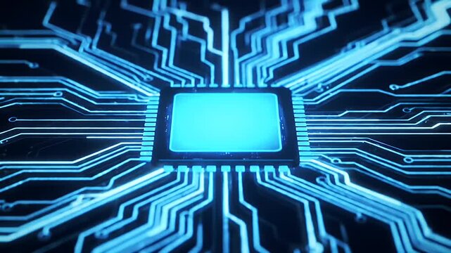A close-up of a glowing blue computer microchip and its intricate circuit board pathways.