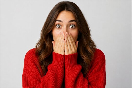 Young woman surprised covering mouth wearing red sweater