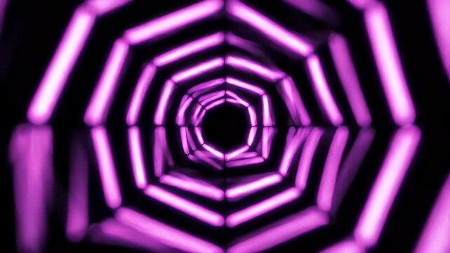 A vibrant purple tunnel with a black void at its center, illuminated by glowing geometric shapes.