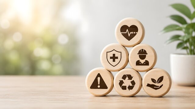 Health safety and environment concept with HSE icons on wooden blocks for corporate compliance protection and sustainable industry guidelines