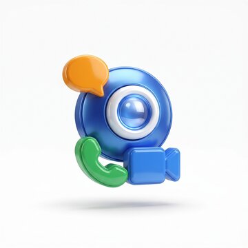 3D video call icon with headset and tape. Digital communication symbol for remote meetings and online collaboration.