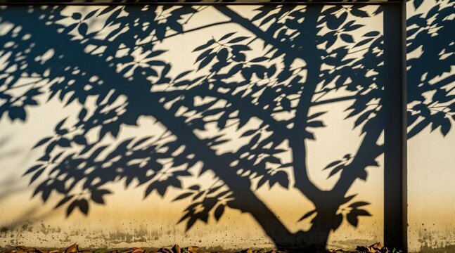 Tree branch shadows fall on plain concrete wall surface under bright golden sun light. Sharp silhouettes of green leaves create abstract organic pattern on white background. Minimalist outdoor