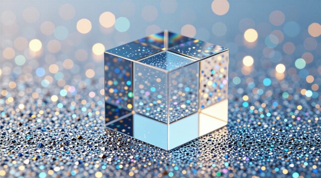 Glass cube sits on sparkling surface. Light reflects off geometric shape. Background has soft bokeh lights. Represents purity or innovation.
