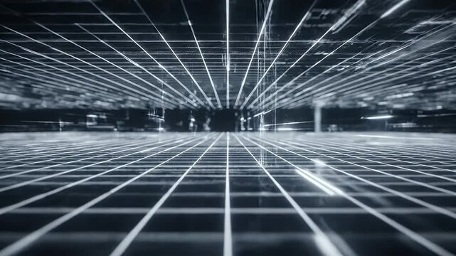 Abstract digital grid receding into darkness.
