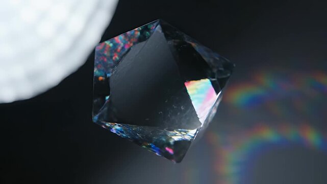 A close-up shot of a clear geometric prism casting colorful rainbow light spectrums on a dark background.