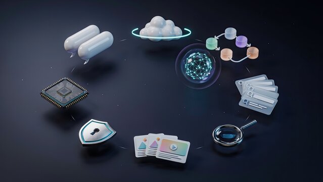 Central sphere connected to various icons like locks and cloud interfaces illustrates modern cybersecurity and data management.