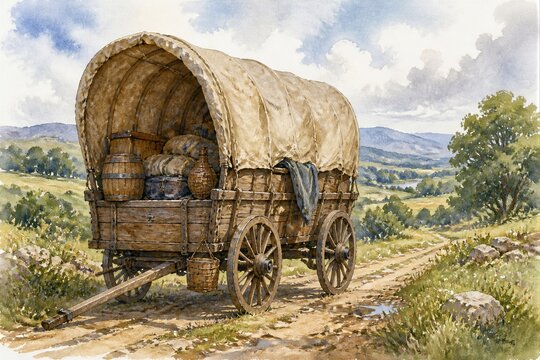 Covered wagon loaded on dirt road in rural landscape