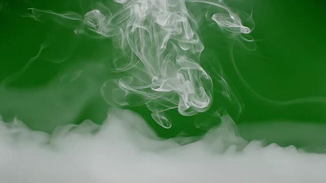 Abstract white smoke swirling against a vibrant green background.