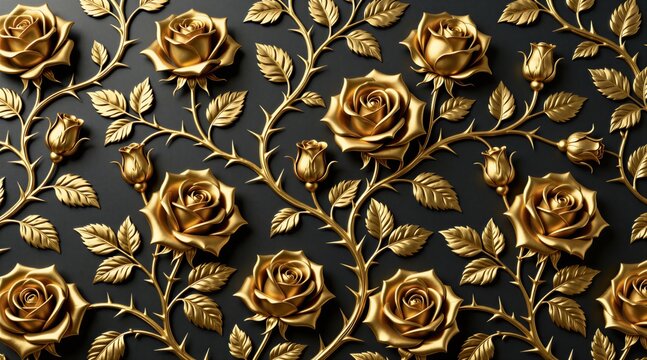 Golden rose flowers with vine stems, sharp thorns form intricate bas relief pattern on dark background. Metal carving wall panel features ornate botanical elements in luxury baroque style. Classic