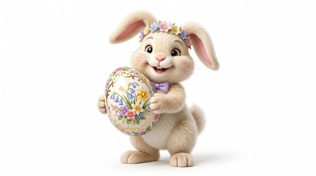 Cute fluffy bunny holding painted egg wearing flower crown with cheerful rabbit holding decorated egg illustration celebration background with springtime