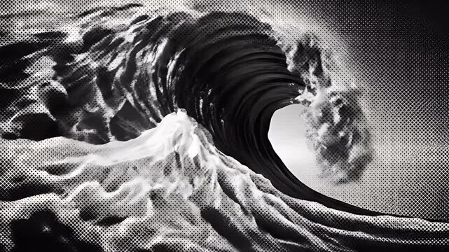 A dramatic black and white image of a powerful crashing wave.