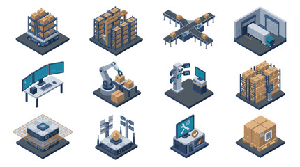 Isometric Industrial Automation and Logistics Technology Icons. © Lerr