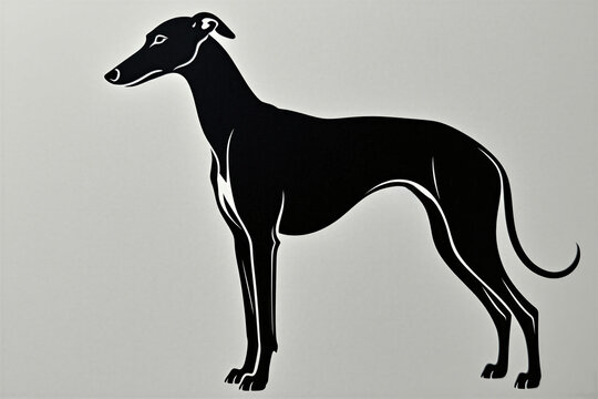 Black silhouette of elegant gazehound dog standing in side profile. Minimalist illustration shows purebred hunting hound with sleek lines. Modern graphic drawing of pet mammal. Artistic monochrome