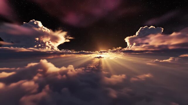 Sunbeams pierce through dark clouds over a sea of clouds.