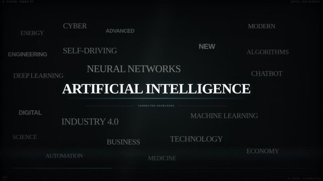 Artificial intelligence editorial text animation with newspaper headlines and magazine typography
