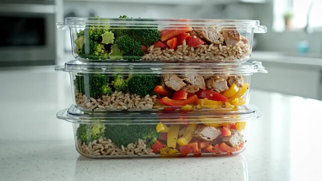Prepared healthy lunch meals in stacked clear food containers, healthy eating concept in kitchen scene