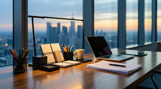 Modern office desk with laptop computer and city view through window. Workspace includes lamp notepad pens mug papers and tablet. Elegant pro workplace.