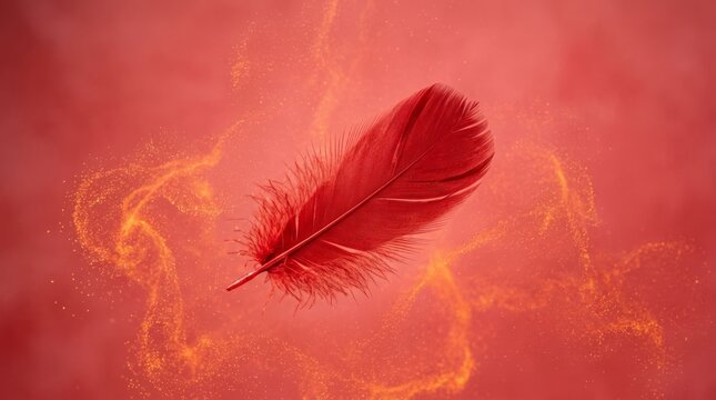 Red feather floating against a vibrant red background with swirling golden particles creating a dynamic and visually striking composition