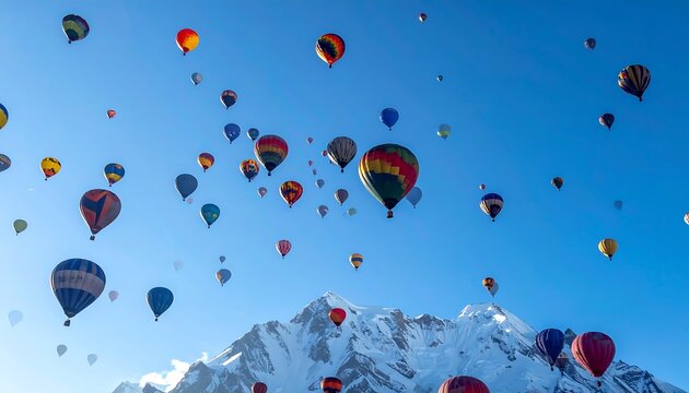 Colorful hot air balloons floating in blue sky.
