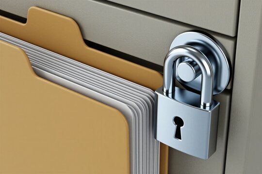 Lock secures manila folders in filing cabinet. Physical security protects documents and data archive. Confidential information is safe and private, access controlled.